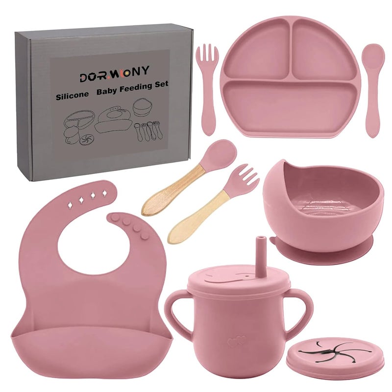 Dormlony 100% Silicone Baby Feeding Set,BPA Free Baby Dishes Set with Suction Bowl Divided Plate,Toddler Self Feeding Dish Set with Spoons Forks Sippy Cup and Bib, Baby Eating Utensils (Coral) - Image 1